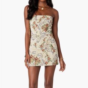 Floral Tapestry Lace-Up Back Strapless Minidress